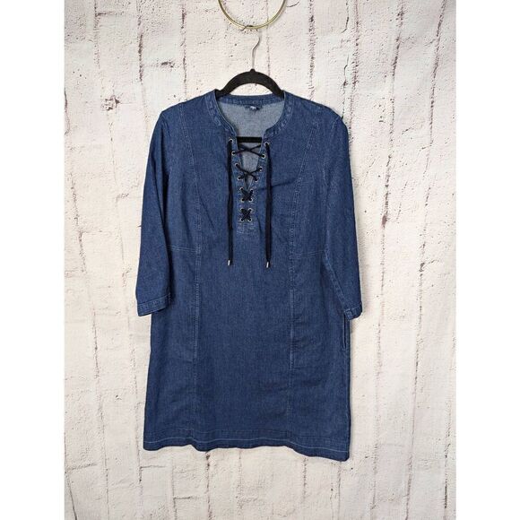 J Jill Denim Womens Shift Dress Blue Lace Up Tethered Hem 3/4 Sleeves Sz M Mediu - Picture 1 of 13